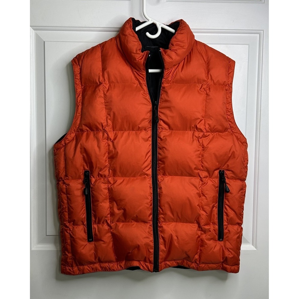 GAP Down Puffer Vest Mens Medium Orange Black Pockets Vintage READ Gorpcore